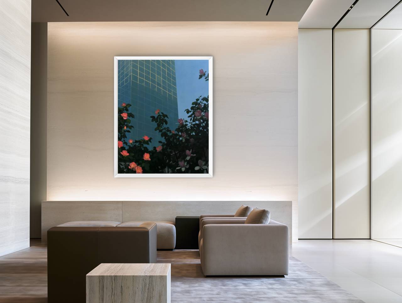 Roses beneath blue towers room view
