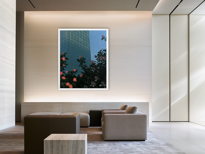 Roses beneath blue towers room view