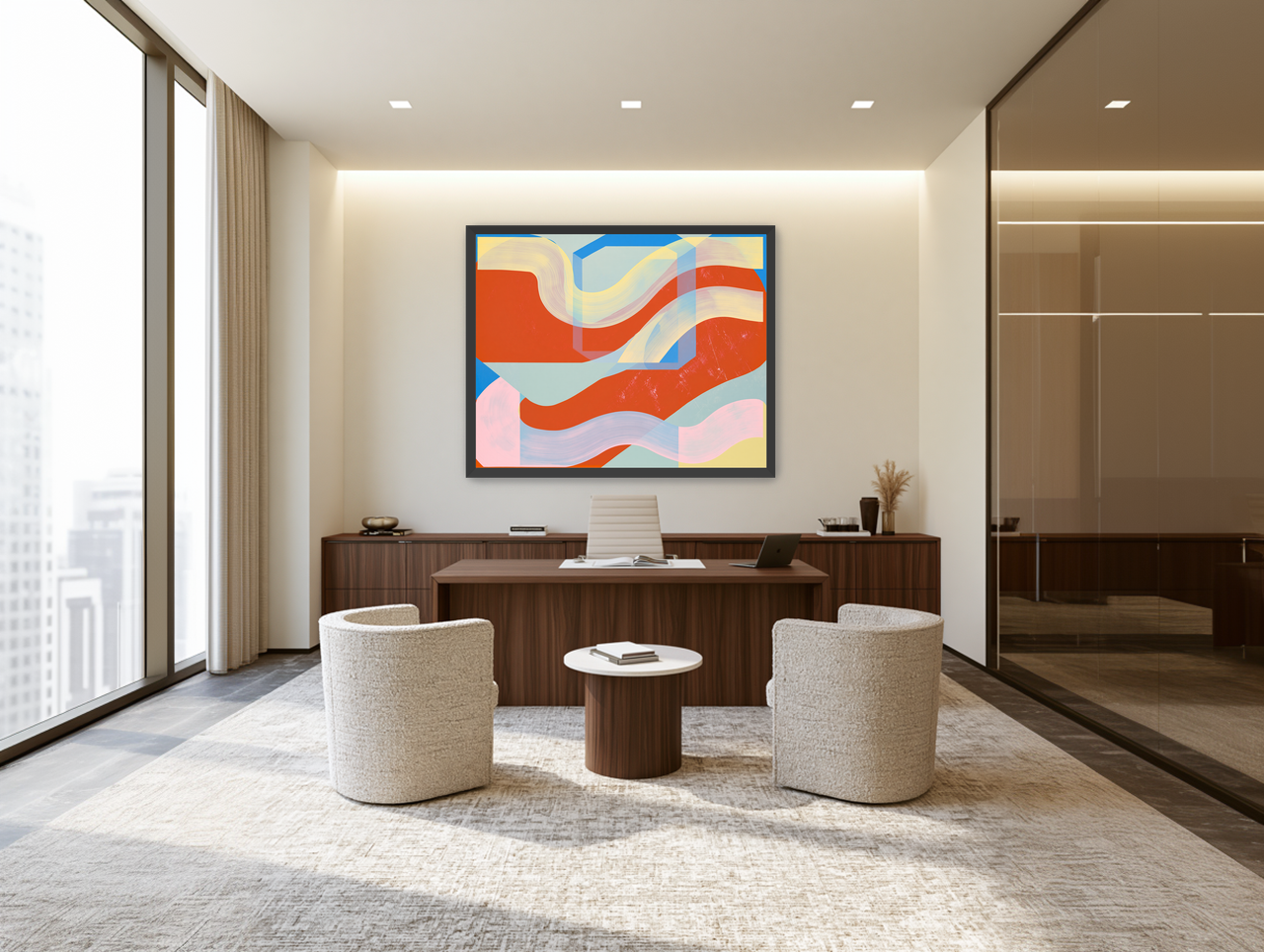 Translucent bands over red blocks room view