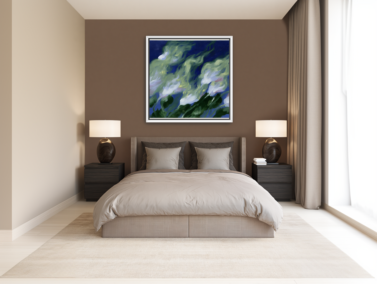 Pale flowers across blue field room view