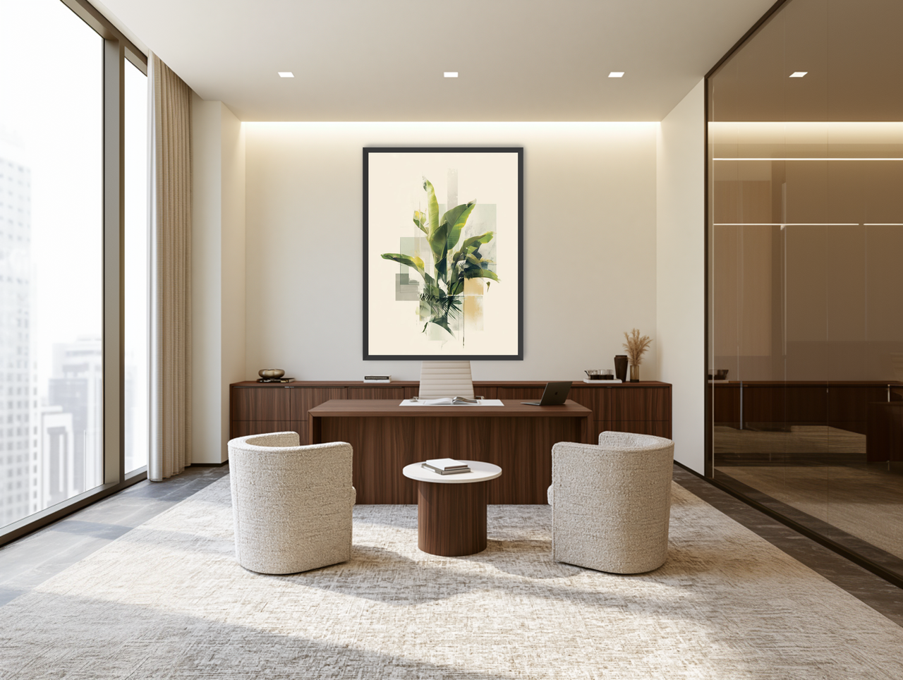 Tropical leaves in soft grids room view