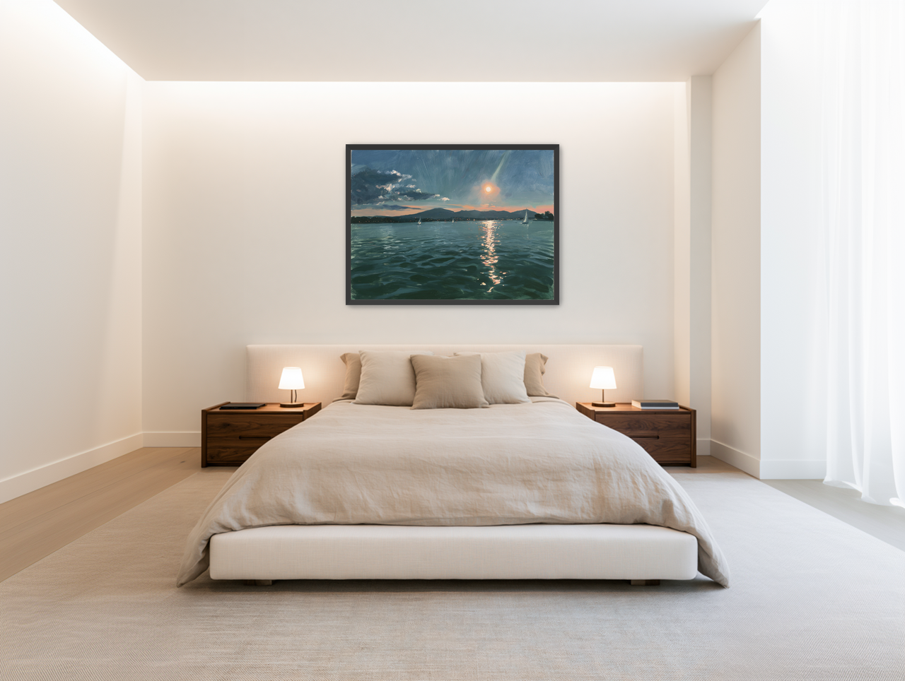 Peach sun on blue water room view