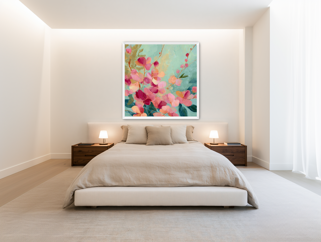 Pink blossoms drifting through teal room view